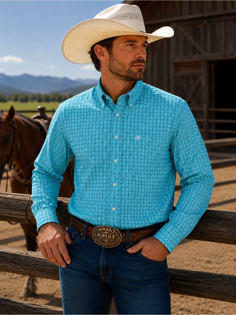 Ariat Sutton Classic Fit Western Shirt XXL Teal Blue Geometric Button Down